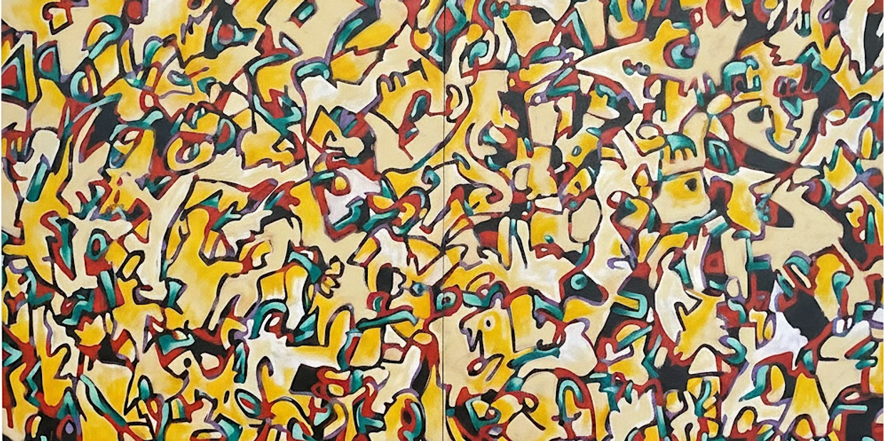 Intricate abstract graffiti-style art with vibrant colors on a dark background.