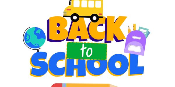 Back to school colorful illustration with bus, globe, backpack, and pencil.
