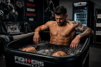Muscular man with tattoo cooling off in an ice bath at a gym.