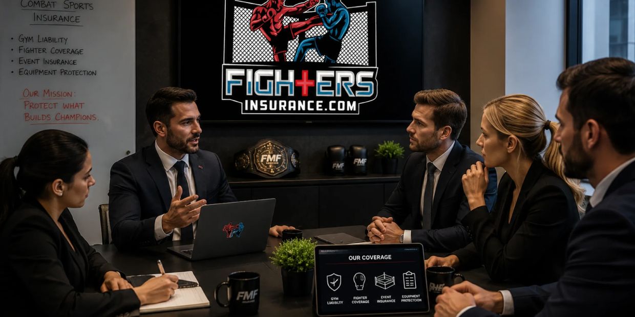 Business meeting discussing combat sports insurance plans and coverage options.