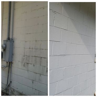 Side-by-side comparison of a dirty and clean painted cinder block wall.