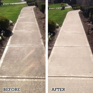 Side-by-side comparison of a concrete sidewalk before and after cleaning.