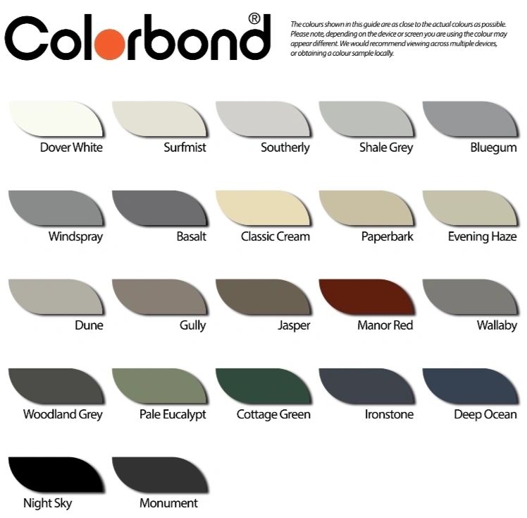 Colorbond color palette with 24 named shades ranging from whites to greys, greens, blues, and reds.