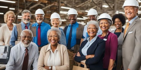 Group of diverse senior professionals in hard hats smiling.