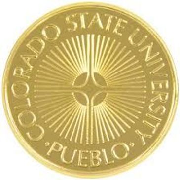 Gold coin seal of Colorado State University Pueblo.