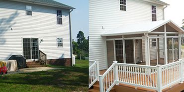 before and after with gabled sunroom and deck