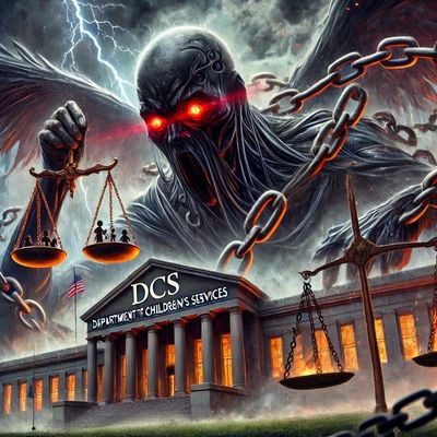 A dark, menacing figure with glowing red eyes looms over a building labeled DCS, holding scales of justice in a stormy scene.