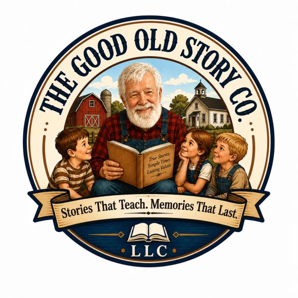 Logo of The Good Old Story Co. with an elderly man reading to children.