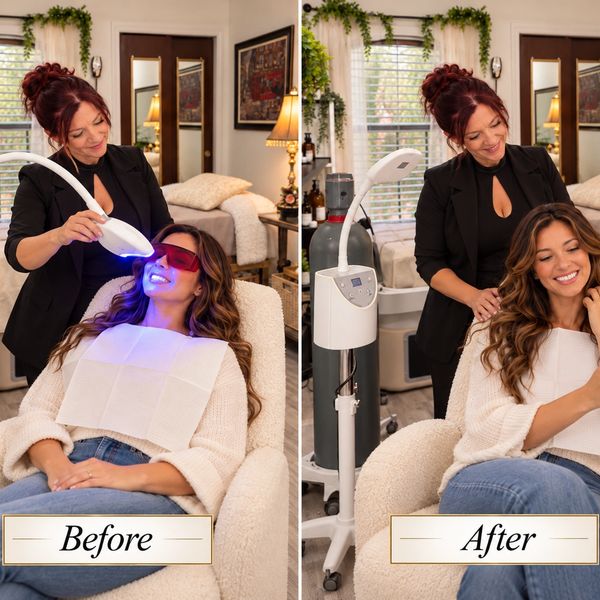 Woman undergoing teeth whitening treatment and smiling afterward.