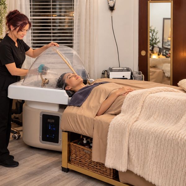 Head spa shampoo , exfoliation, and herbal hair treatments with bed massage and head massage .