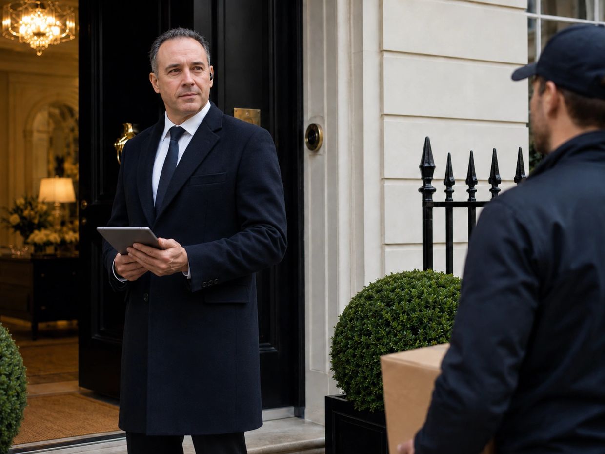 A man in a suit holds a tablet outside a building while another man carries a package.