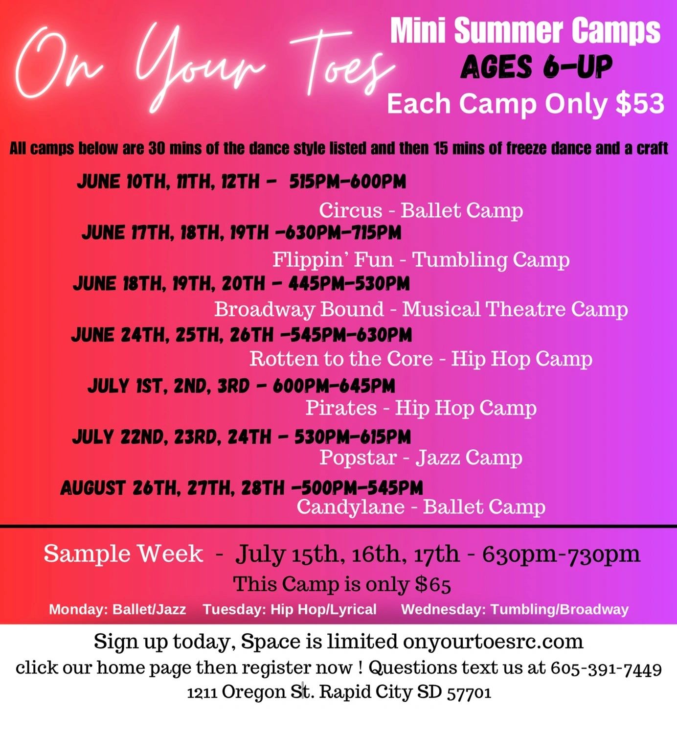 On Your Toes Dance School Mini Summer Camps for ages 6 and up.