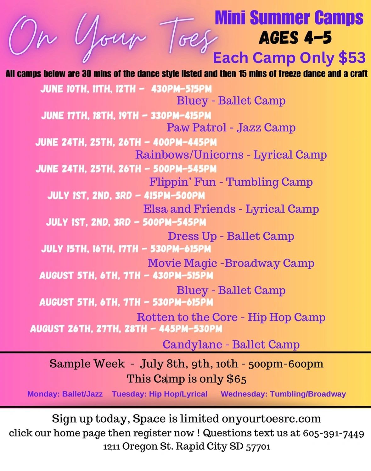 On Your Toes Mini Summer Camps for ages 4-5.  For summer 2024.  Each camp only $53.