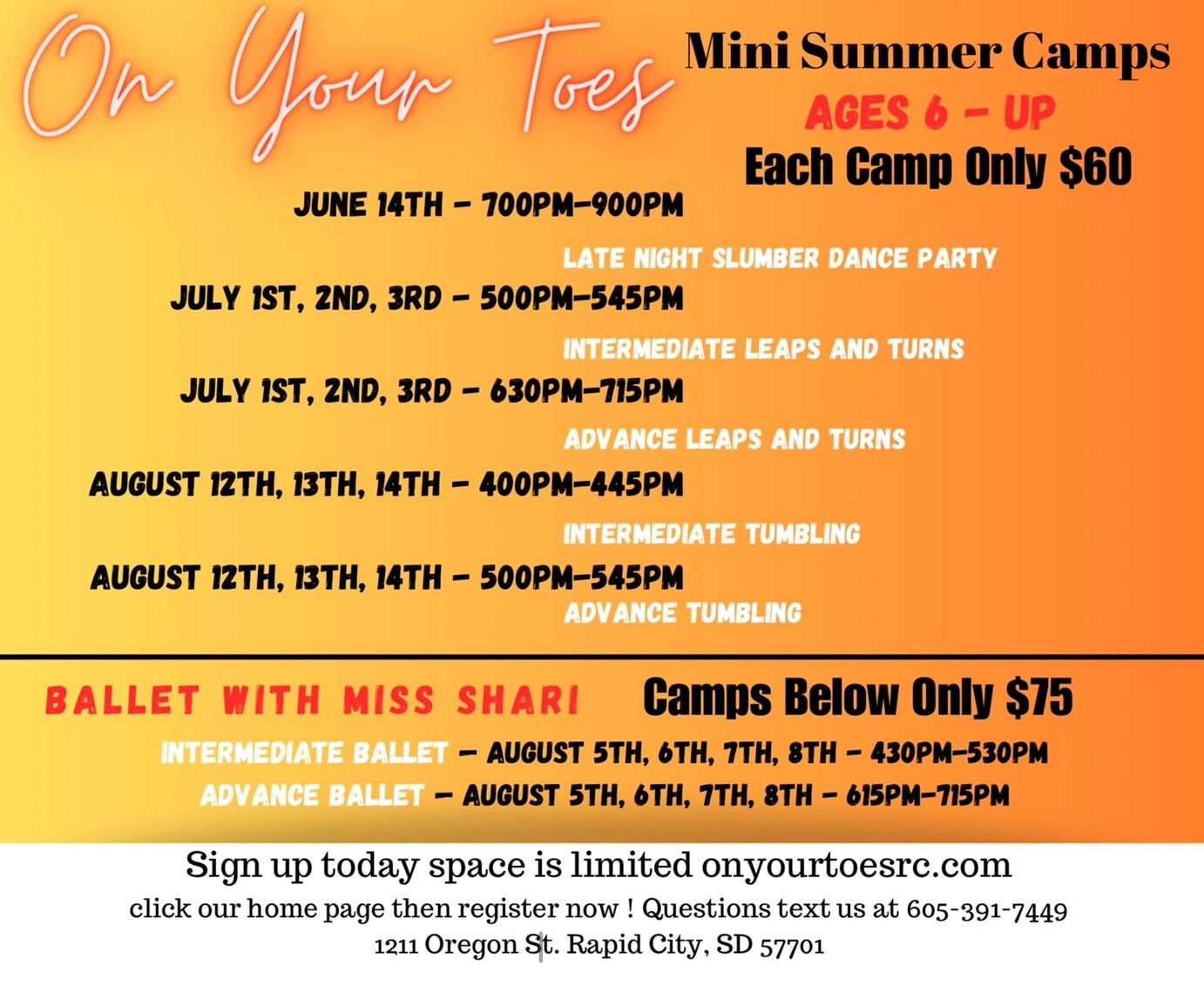 On Your Toes Dance School mini summer camps for ages 6 and up for summer 2024 in Rapid City SD.