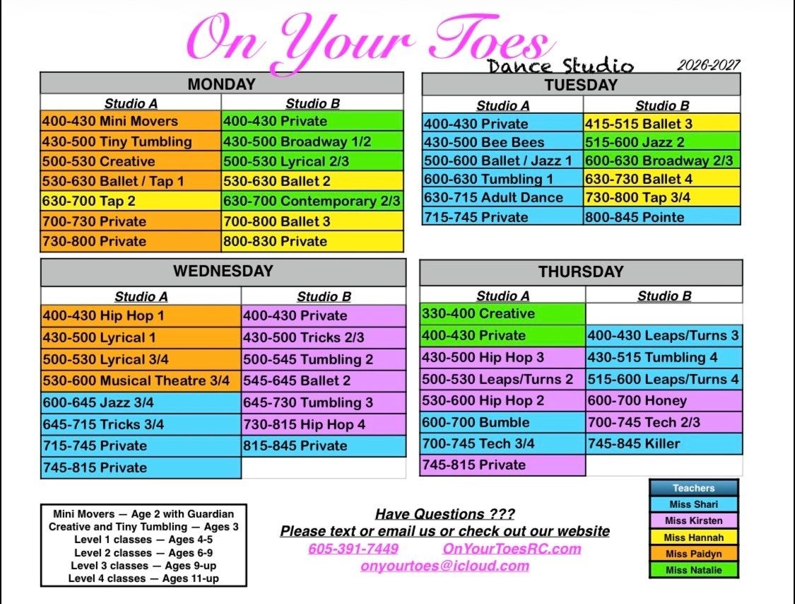 Weekly dance class schedule for On Your Toes Dance Studio.