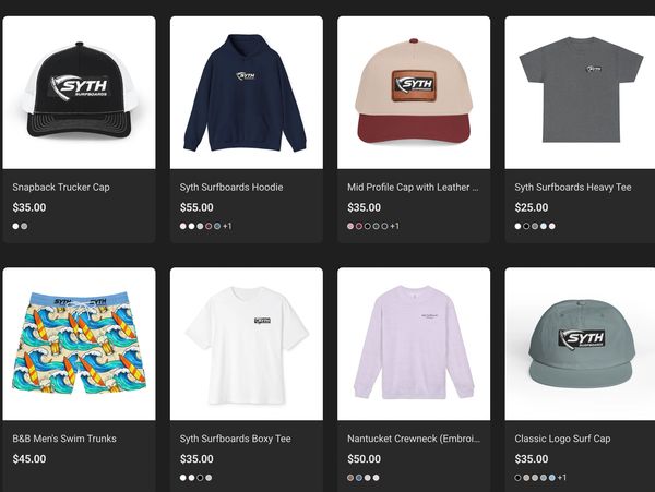 Synth Surfboards apparel including caps, hoodies, tees, and swim trunks.