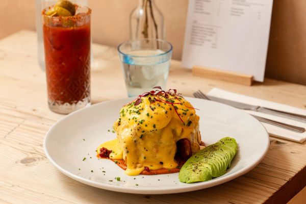 Nduja hash, roasted almond romesco sauce with hollandaise, avocado and Bloody Mary cocktail.
