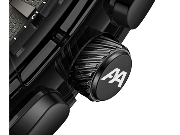 Close-up of a black adjustment knob with 'AA' logo on a device.