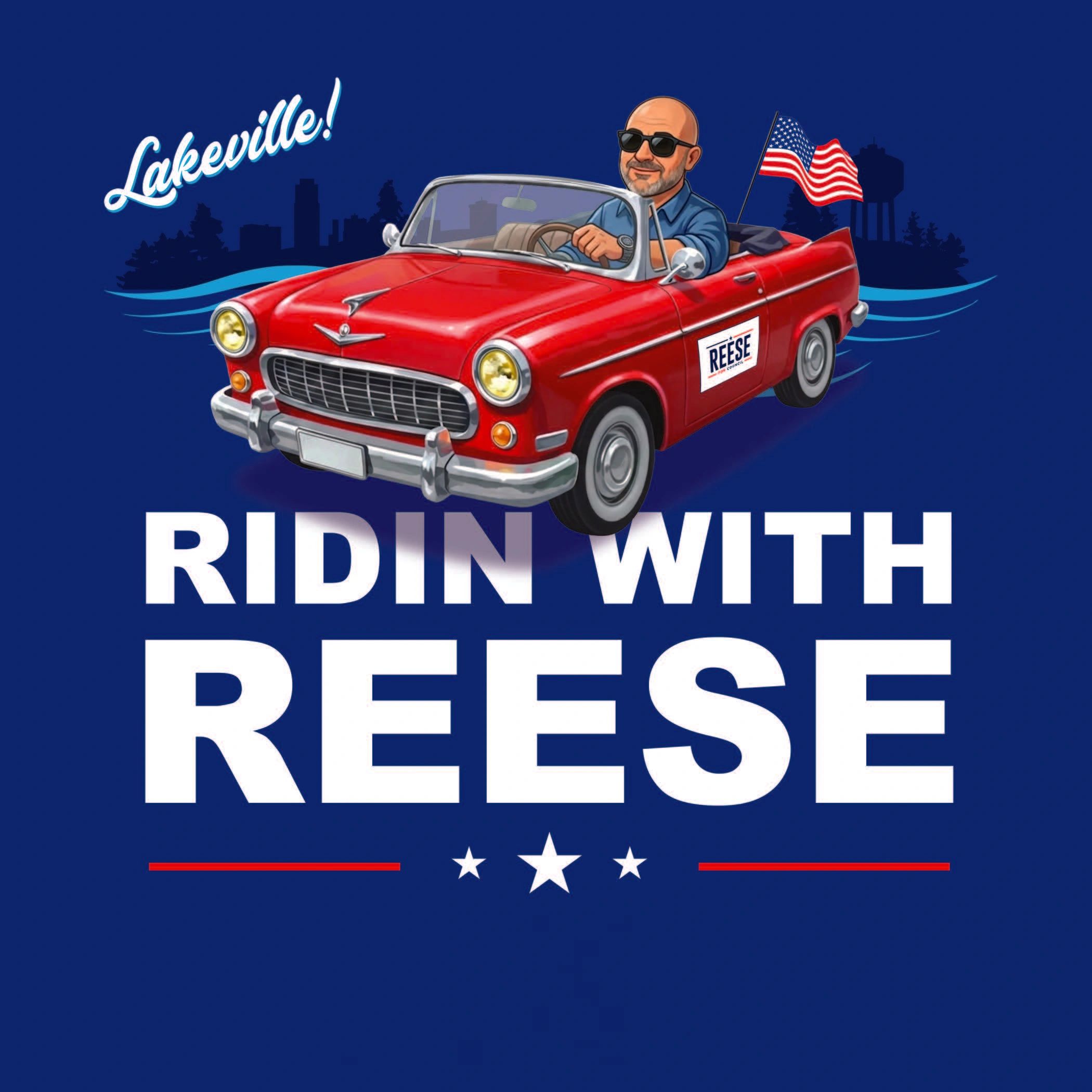 Cartoon campaign graphic for Mark Reese, 2026 Lakeville City Council candidate, featuring Ridin' with Reese and a red convertible.