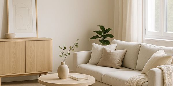 Minimalist living room with neutral tones and natural wood furniture.