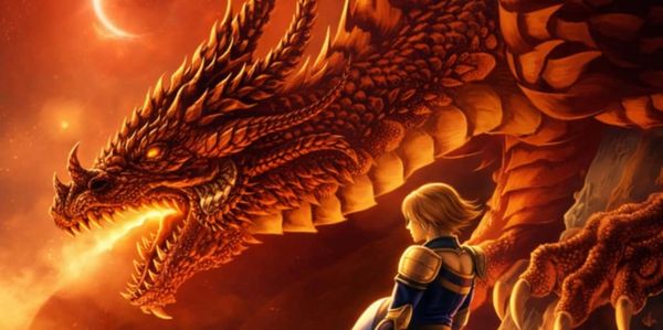 A knight faces a fiery dragon on the cover of a fantasy book.