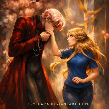 Vampire in a crimson coat tenderly kissing a young woman’s hand in a softly lit, dreamlike setting.