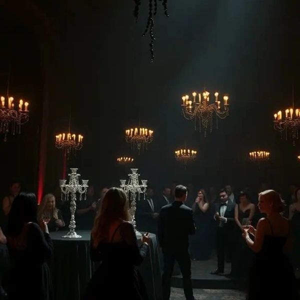 Elegant party with chandeliers and well-dressed guests.