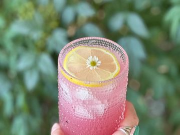 A refreshing pink drink with ice and a lemon slice.