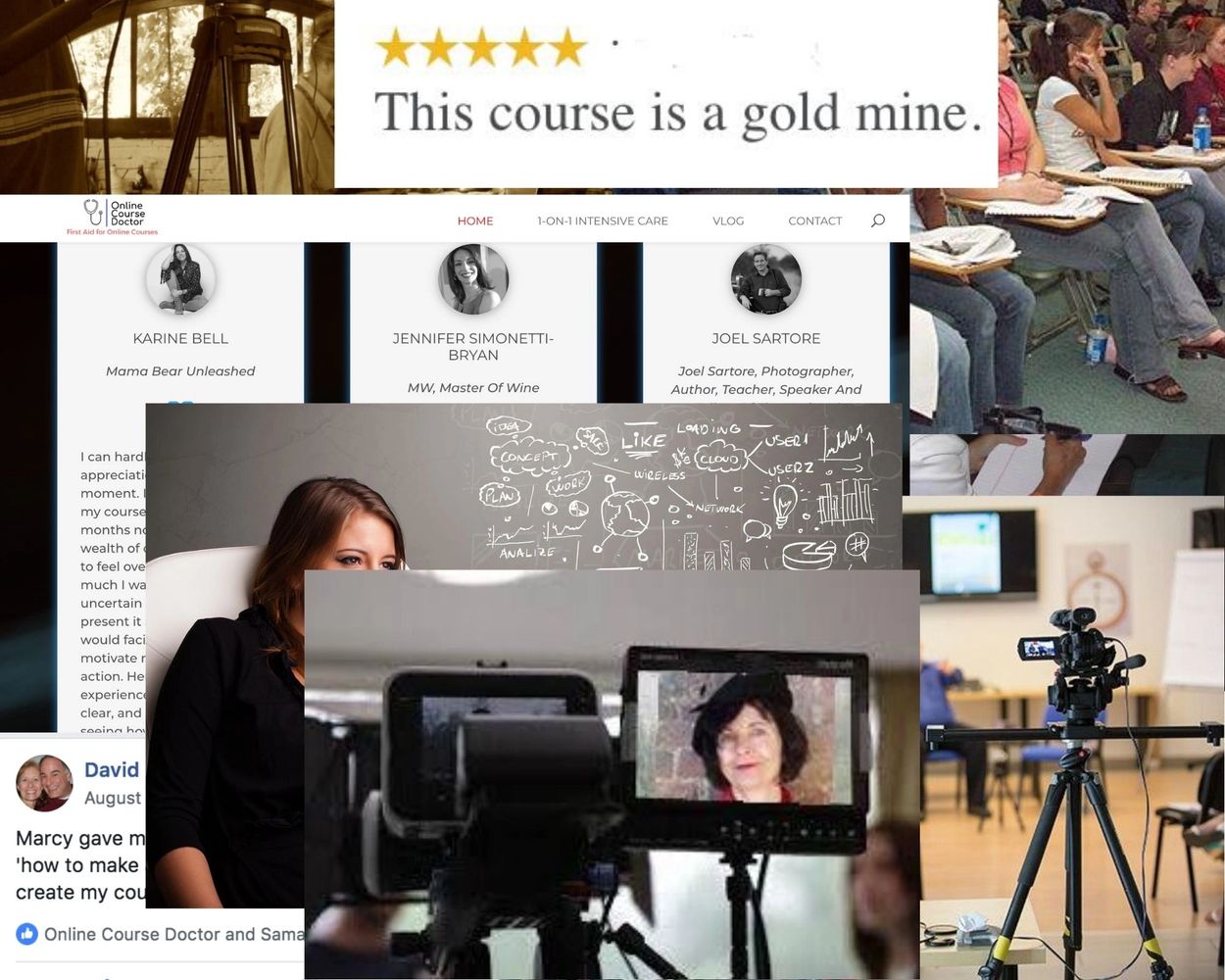 Marcy McDonald, online course consultant, pictured amidst testimonials and video shoots.