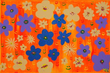 acrylic painting canvas orange flowers glitter