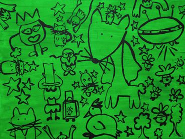 acrylic painting canvas kittens stars corgi green