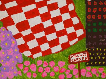 acrylic painting canvas garden picnic flowers roses
