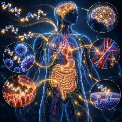 Human body illustrating molecular and neural interactions.