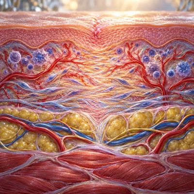 Detailed cross-section of human skin layers with cells, blood vessels, and tissue.