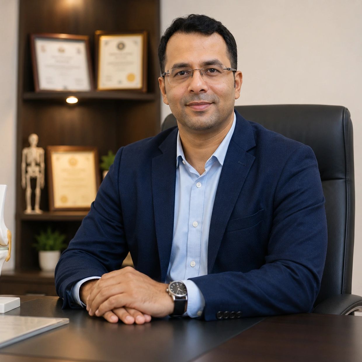 Smiling male doctor in office with medical model.