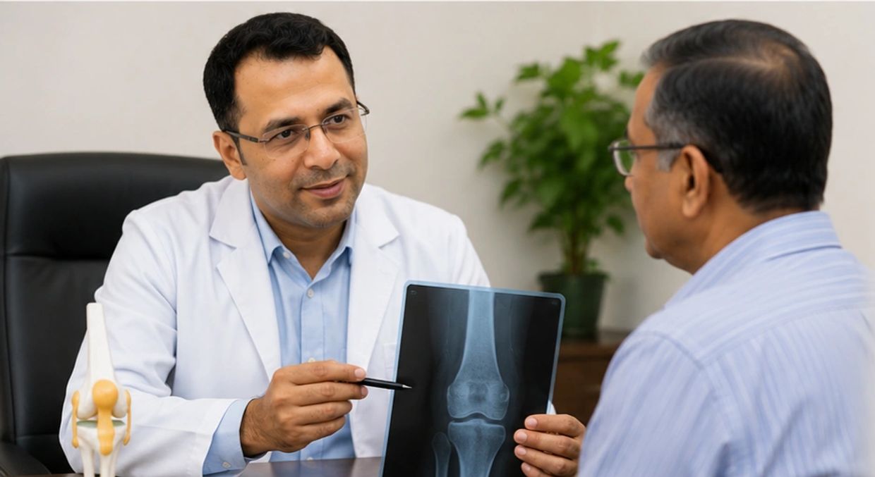 Doctor explaining knee X-ray to patient.