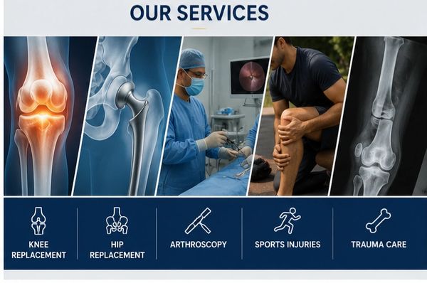 Medical services including knee and hip replacement, arthroscopy, sports injuries, and trauma care.