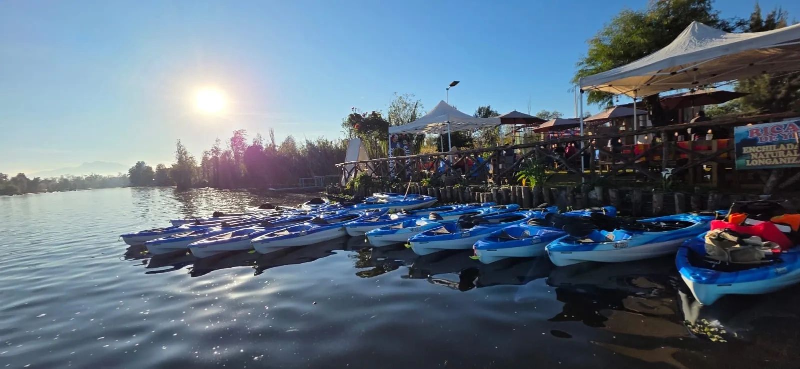 Blue kayaks lined up on a calm lake at sunset near a lakeside restaurant.