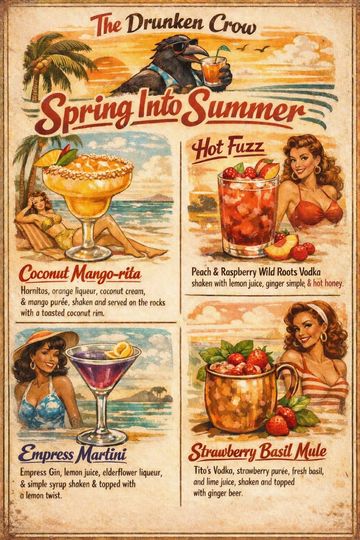 Vintage cocktail menu with tropical drinks and pin-up art.