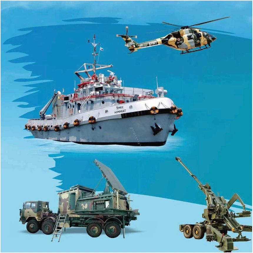 Indian military assets including a ship, helicopter, radar truck, and artillery.