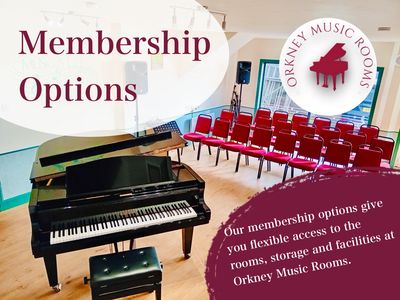 Orkney Music Rooms membership options with piano and seating.