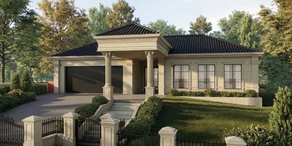 Elegant single-story house with classical columns and a manicured lawn.