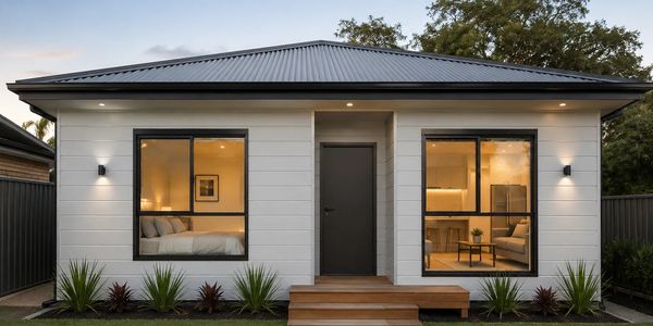 Modern small house with large windows and warm lighting.