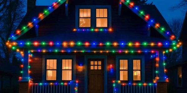 House decorated with colorful Christmas lights glowing at night.