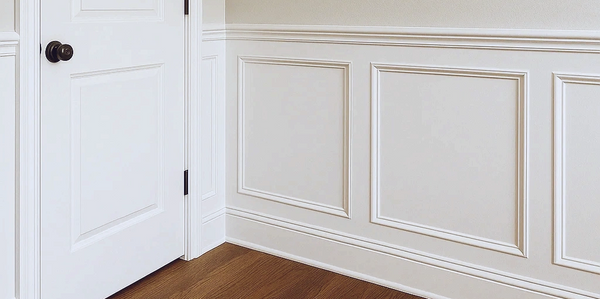 Elegant white door with beige walls and wooden flooring in a minimalist room.