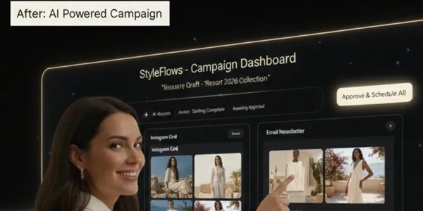 Woman using AI-powered campaign dashboard for fashion marketing.