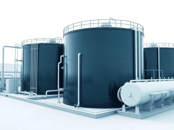 Large industrial storage tanks with interconnected piping systems.