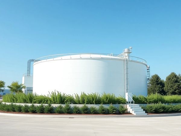 Large white industrial storage tank against clear blue sky.