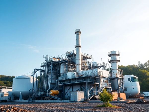 A modern industrial facility with large tanks and chimneys under a clear sky.