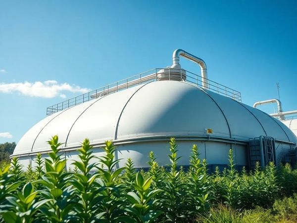 Large white industrial tank with pipes surrounded by green plants under a clear blue sky.
